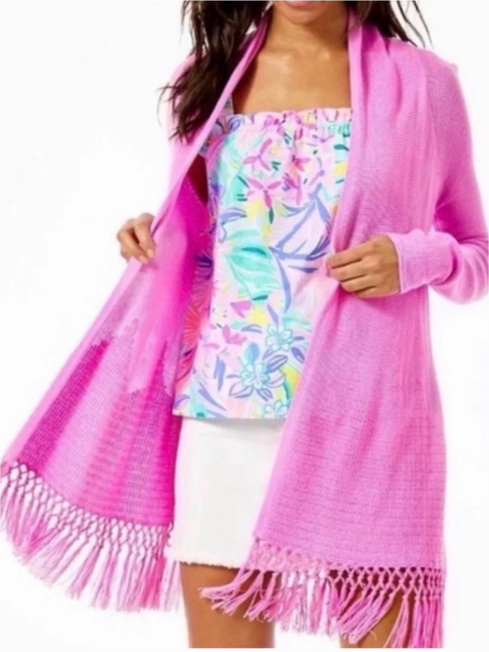 Lilly Pulitzer Hot Pink Fringe Open-Front Cardigan
